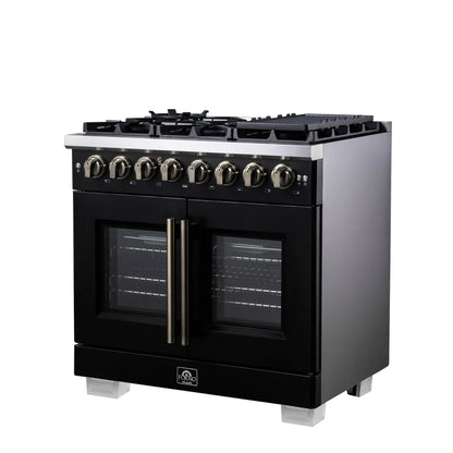 Forno Capriasca 36 Inch Freestanding French Door Dual Fuel Range in Black with Antique Brass Accessories, 6 Burners, True Convection Oven FORNO