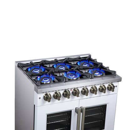 Forno Capriasca 36 Inch Freestanding French Door Dual Fuel Range in White with Antique Brass Accessories, 6 Burners, True Convection Oven FORNO