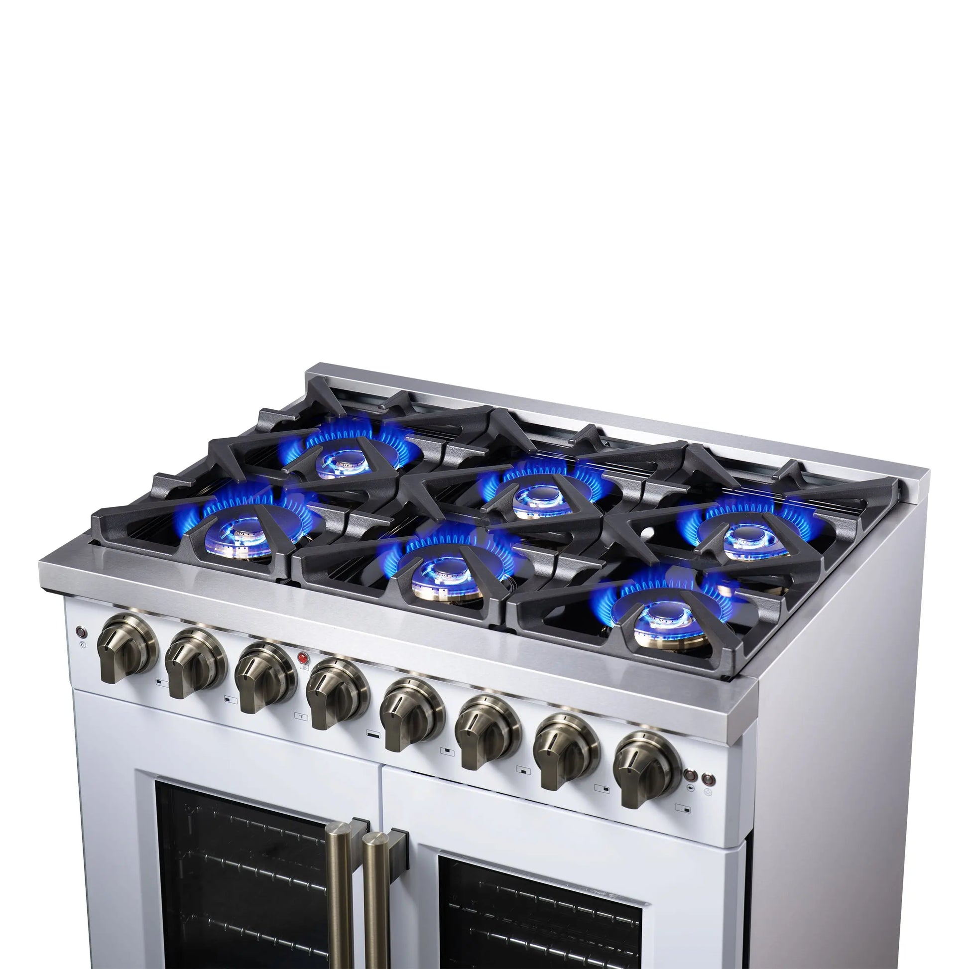 Forno Capriasca 36 Inch Freestanding French Door Dual Fuel Range in White with Antique Brass Accessories, 6 Burners, True Convection Oven FORNO