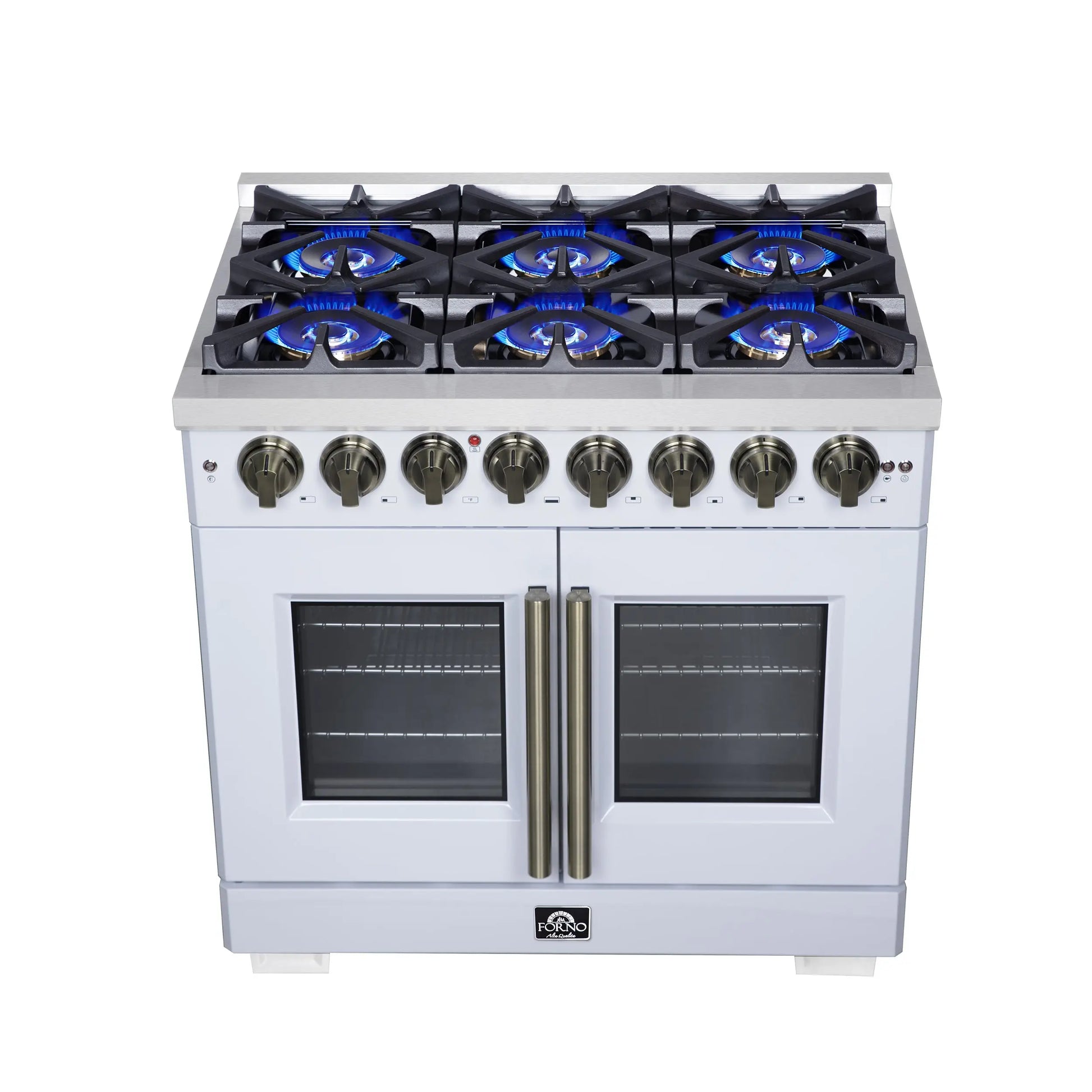 Forno Capriasca 36 Inch Freestanding French Door Dual Fuel Range in White with Antique Brass Accessories, 6 Burners, True Convection Oven FORNO
