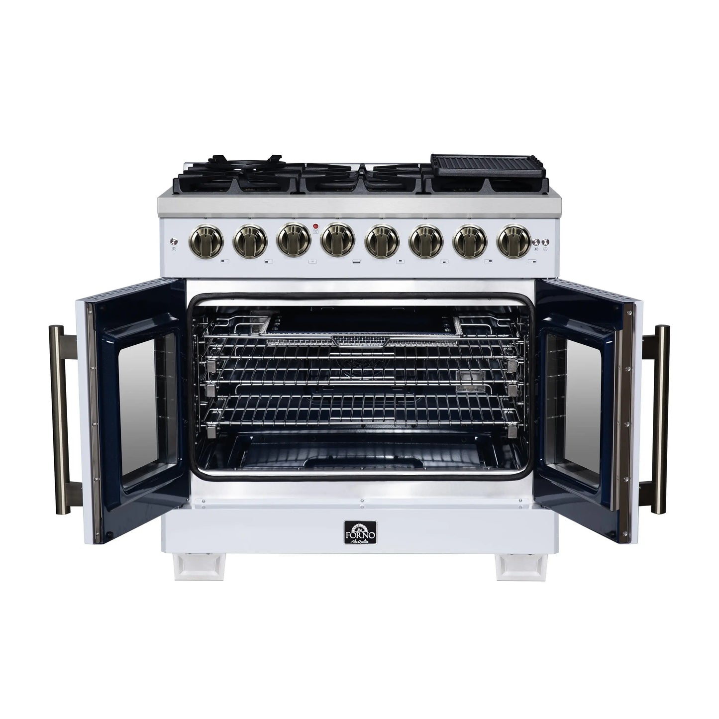 Forno Capriasca 36 Inch Freestanding French Door Dual Fuel Range in White with Antique Brass Accessories, 6 Burners, True Convection Oven FORNO