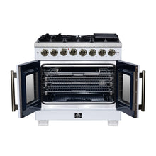 Forno Capriasca 36 Inch Freestanding French Door Dual Fuel Range in White with Antique Brass Accessories, 6 Burners, True Convection Oven FORNO
