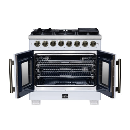 Forno Capriasca 36 Inch Freestanding French Door Dual Fuel Range in White with Antique Brass Accessories, 6 Burners, True Convection Oven FORNO