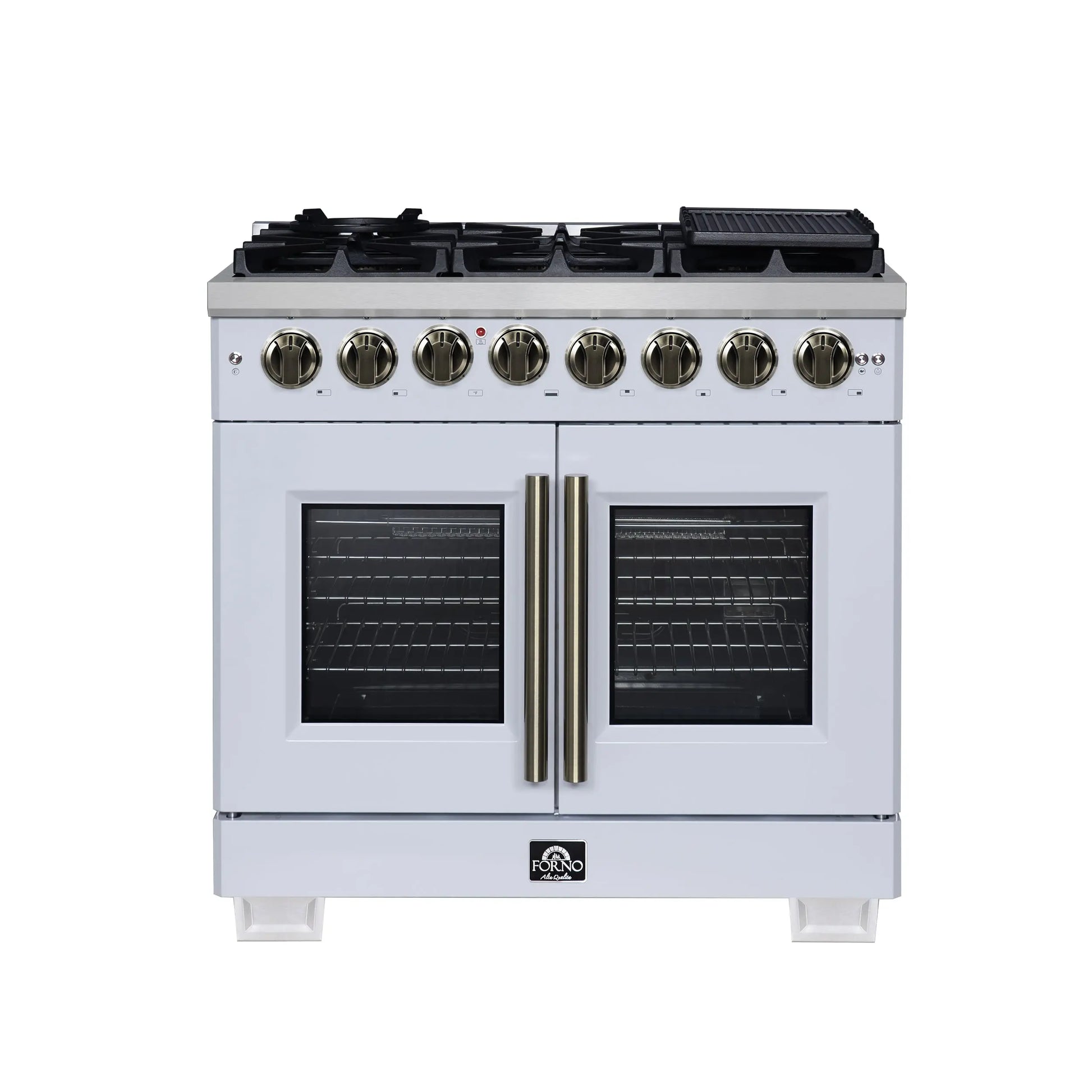 Forno Capriasca 36 Inch Freestanding French Door Dual Fuel Range in White with Antique Brass Accessories, 6 Burners, True Convection Oven FORNO