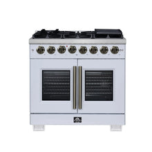 Forno Capriasca 36 Inch Freestanding French Door Dual Fuel Range in White with Antique Brass Accessories, 6 Burners, True Convection Oven FORNO