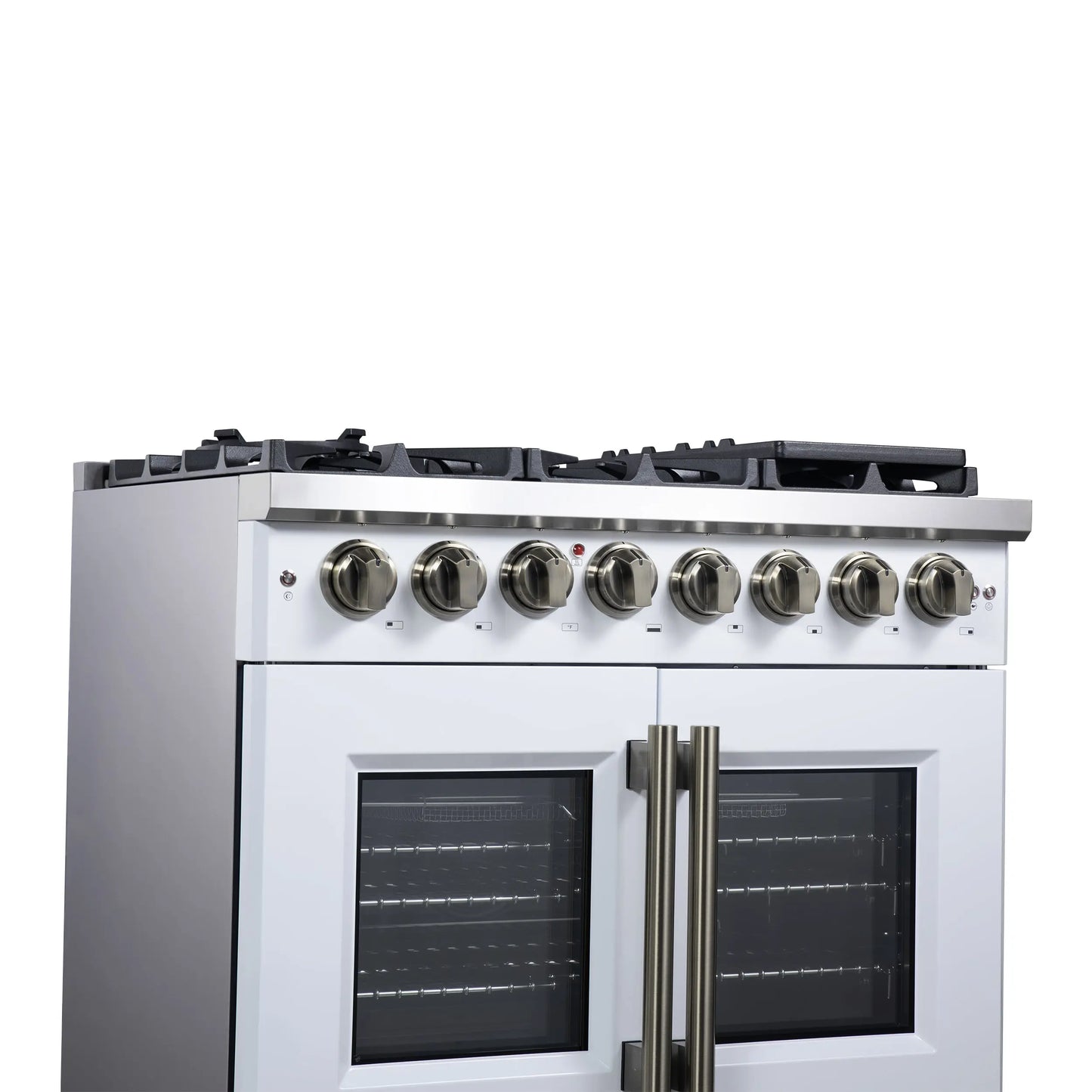 Forno Capriasca 36 Inch Freestanding French Door Dual Fuel Range in White with Antique Brass Accessories, 6 Burners, True Convection Oven FORNO