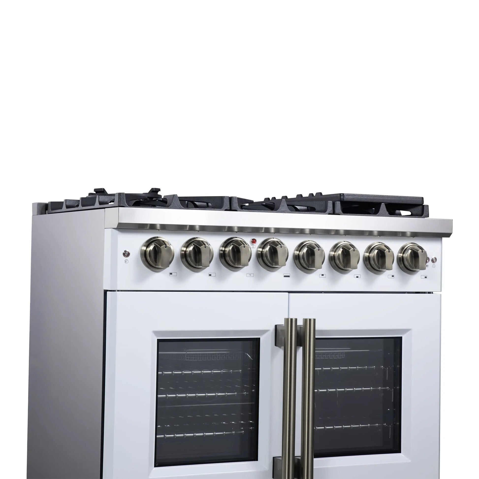 Forno Capriasca 36 Inch Freestanding French Door Dual Fuel Range in White with Antique Brass Accessories, 6 Burners, True Convection Oven FORNO