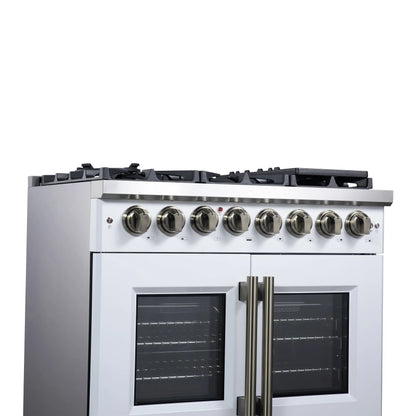 Forno Capriasca 36 Inch Freestanding French Door Dual Fuel Range in White with Antique Brass Accessories, 6 Burners, True Convection Oven FORNO