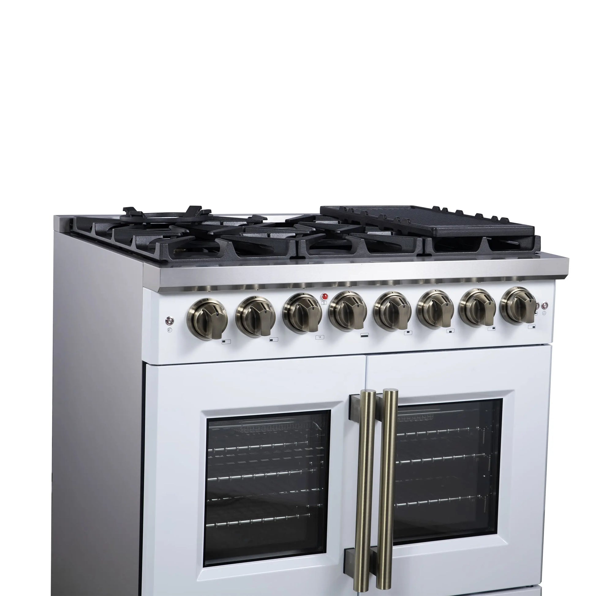 Forno Capriasca 36 Inch Freestanding French Door Dual Fuel Range in White with Antique Brass Accessories, 6 Burners, True Convection Oven FORNO
