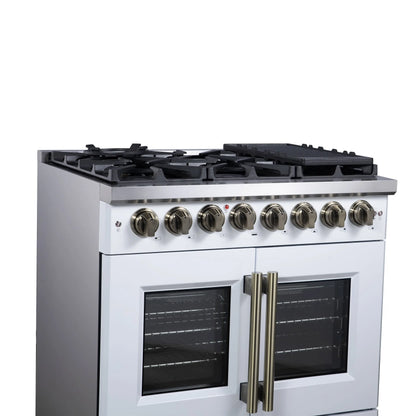 Forno Capriasca 36 Inch Freestanding French Door Dual Fuel Range in White with Antique Brass Accessories, 6 Burners, True Convection Oven FORNO