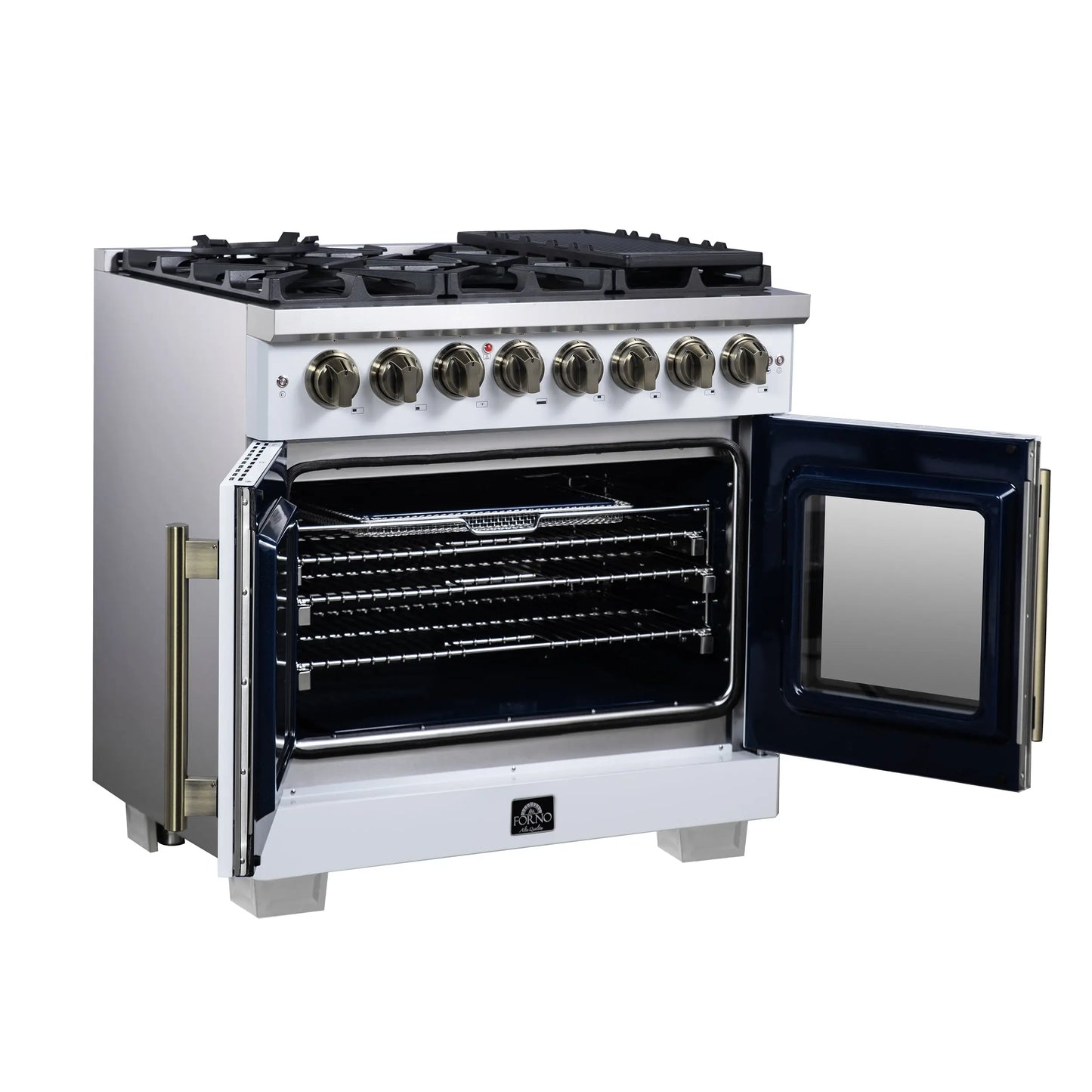 Forno Capriasca 36 Inch Freestanding French Door Dual Fuel Range in White with Antique Brass Accessories, 6 Burners, True Convection Oven FORNO