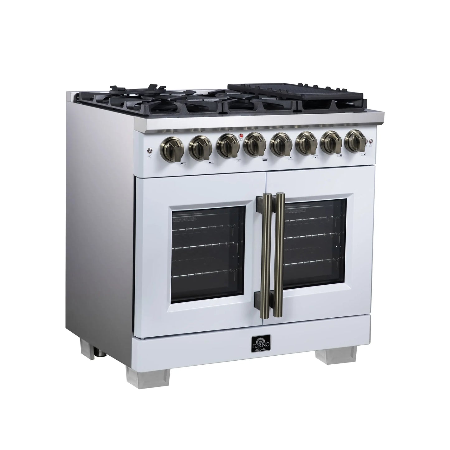 Forno Capriasca 36 Inch Freestanding French Door Dual Fuel Range in White with Antique Brass Accessories, 6 Burners, True Convection Oven FORNO