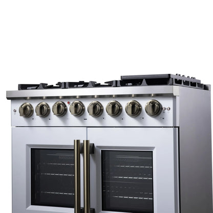 Forno Capriasca 36 Inch Freestanding French Door Dual Fuel Range in White with Antique Brass Accessories, 6 Burners, True Convection Oven FORNO