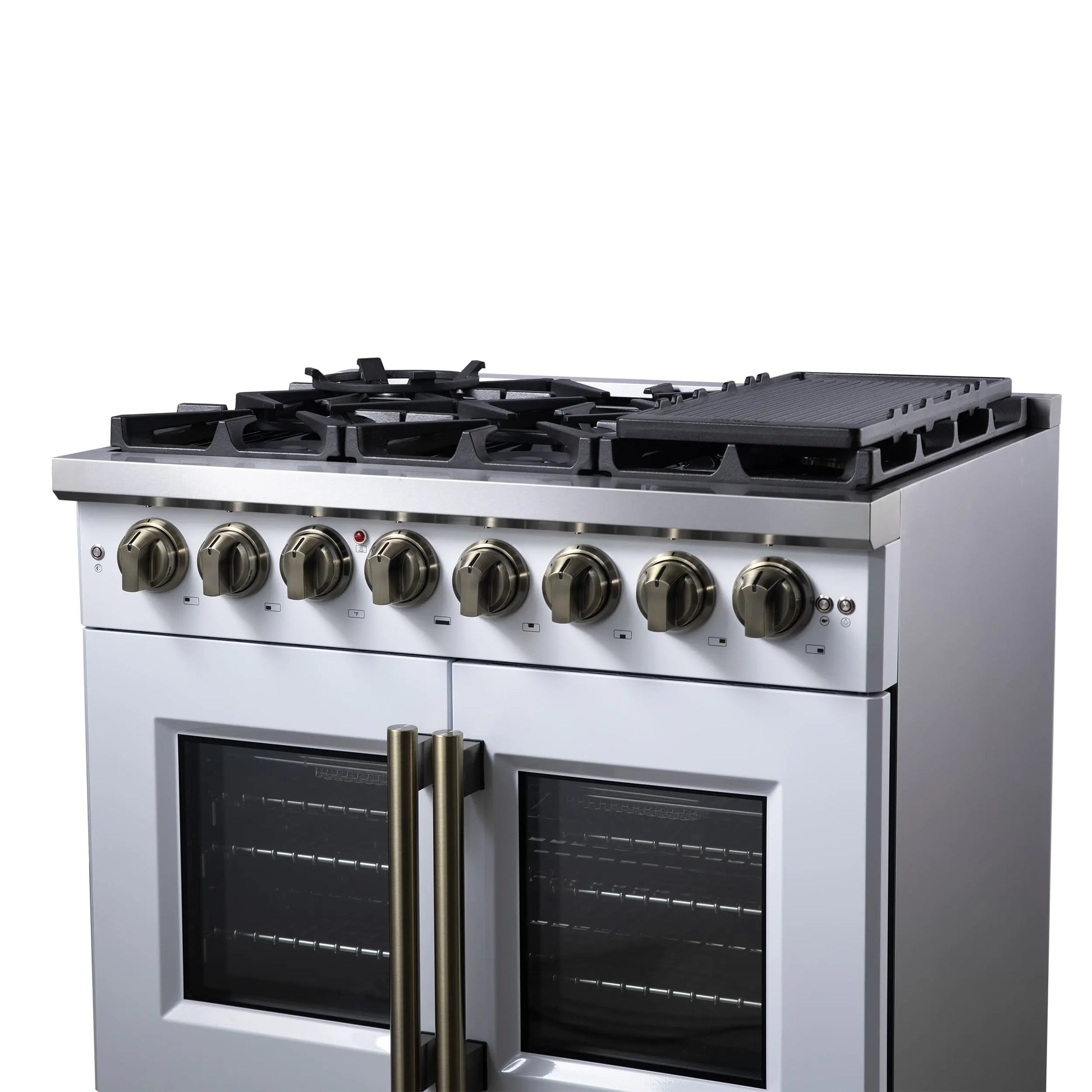 Forno Capriasca 36 Inch Freestanding French Door Dual Fuel Range in White with Antique Brass Accessories, 6 Burners, True Convection Oven FORNO