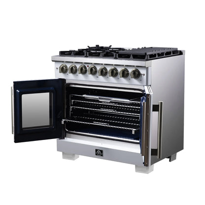 Forno Capriasca 36 Inch Freestanding French Door Dual Fuel Range in White with Antique Brass Accessories, 6 Burners, True Convection Oven FORNO