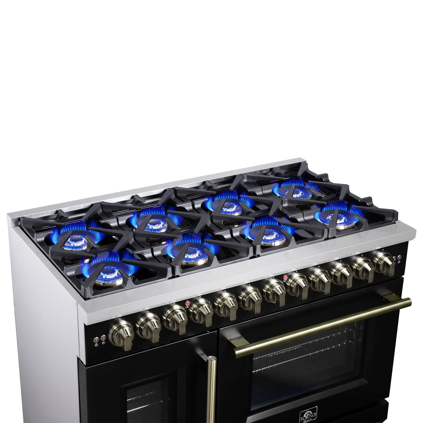 Forno Capriasca 48 Inch Freestanding French Door Dual Fuel Range in Black with Antique Brass Accessories, 8 Burners, True Convection Oven FORNO