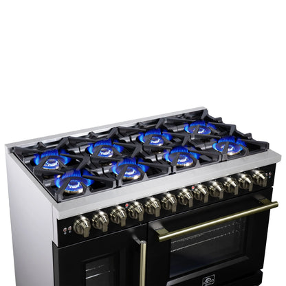 Forno Capriasca 48 Inch Freestanding French Door Dual Fuel Range in Black with Antique Brass Accessories, 8 Burners, True Convection Oven FORNO