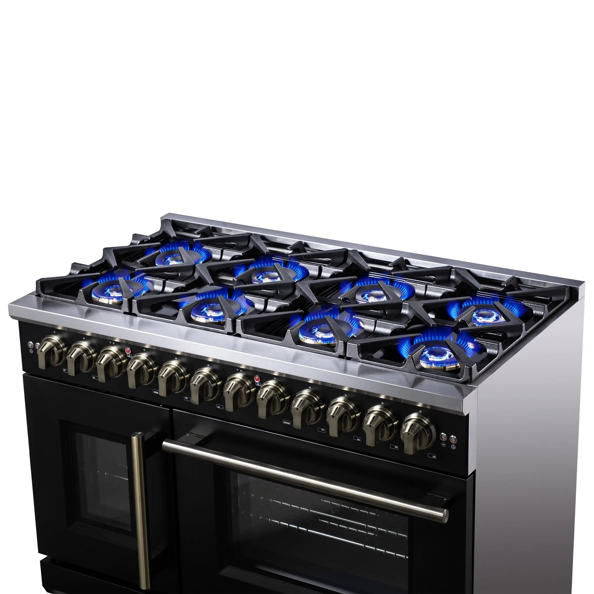 Forno Capriasca 48 Inch Freestanding French Door Dual Fuel Range in Black with Antique Brass Accessories, 8 Burners, True Convection Oven FORNO