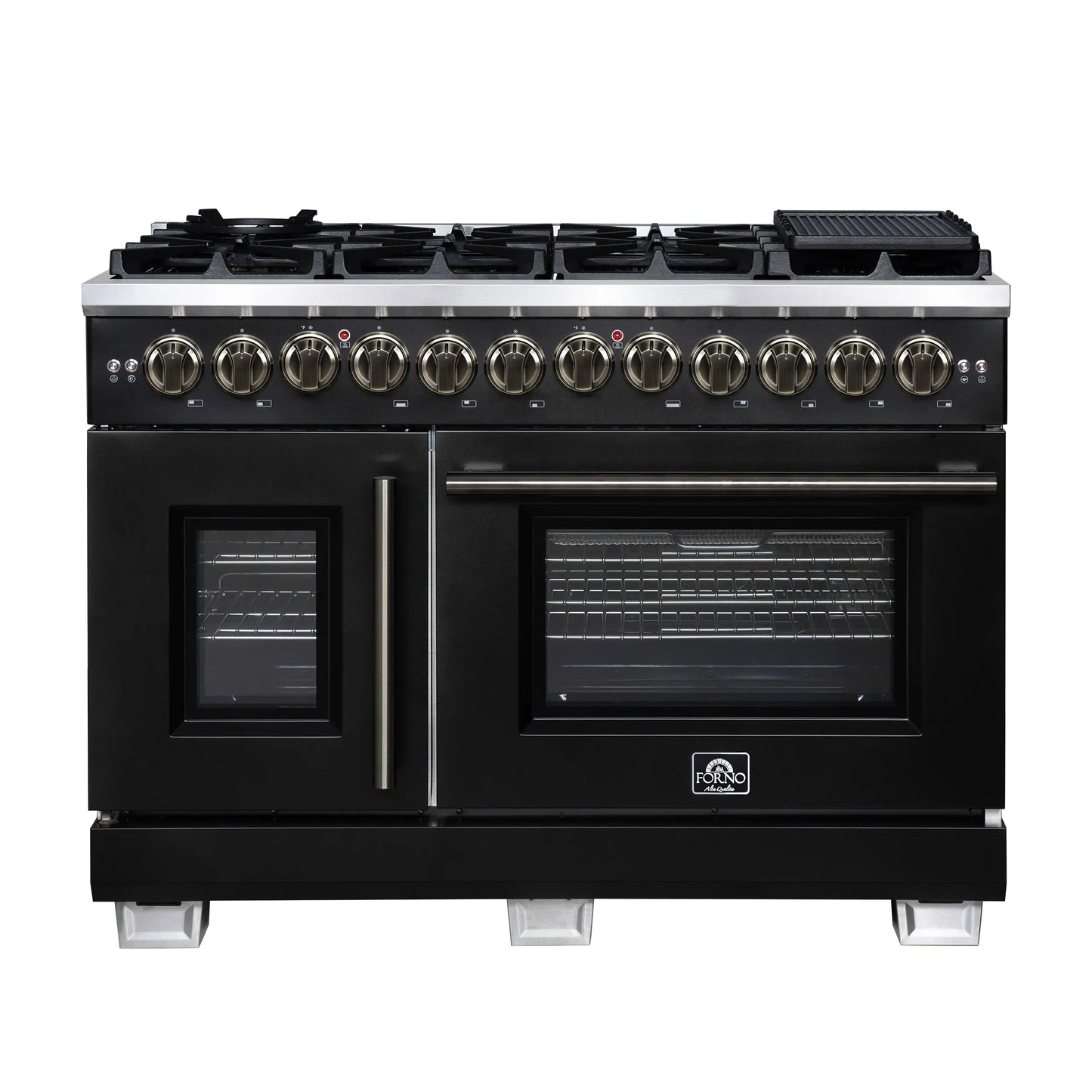 Forno Capriasca 48 Inch Freestanding French Door Dual Fuel Range in Black with Antique Brass Accessories, 8 Burners, True Convection Oven FORNO