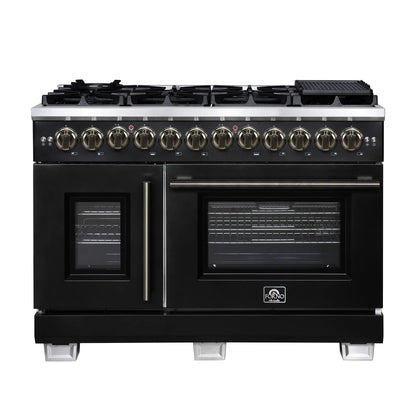 Forno Capriasca 48 Inch Freestanding French Door Dual Fuel Range in Black with Antique Brass Accessories, 8 Burners, True Convection Oven FORNO