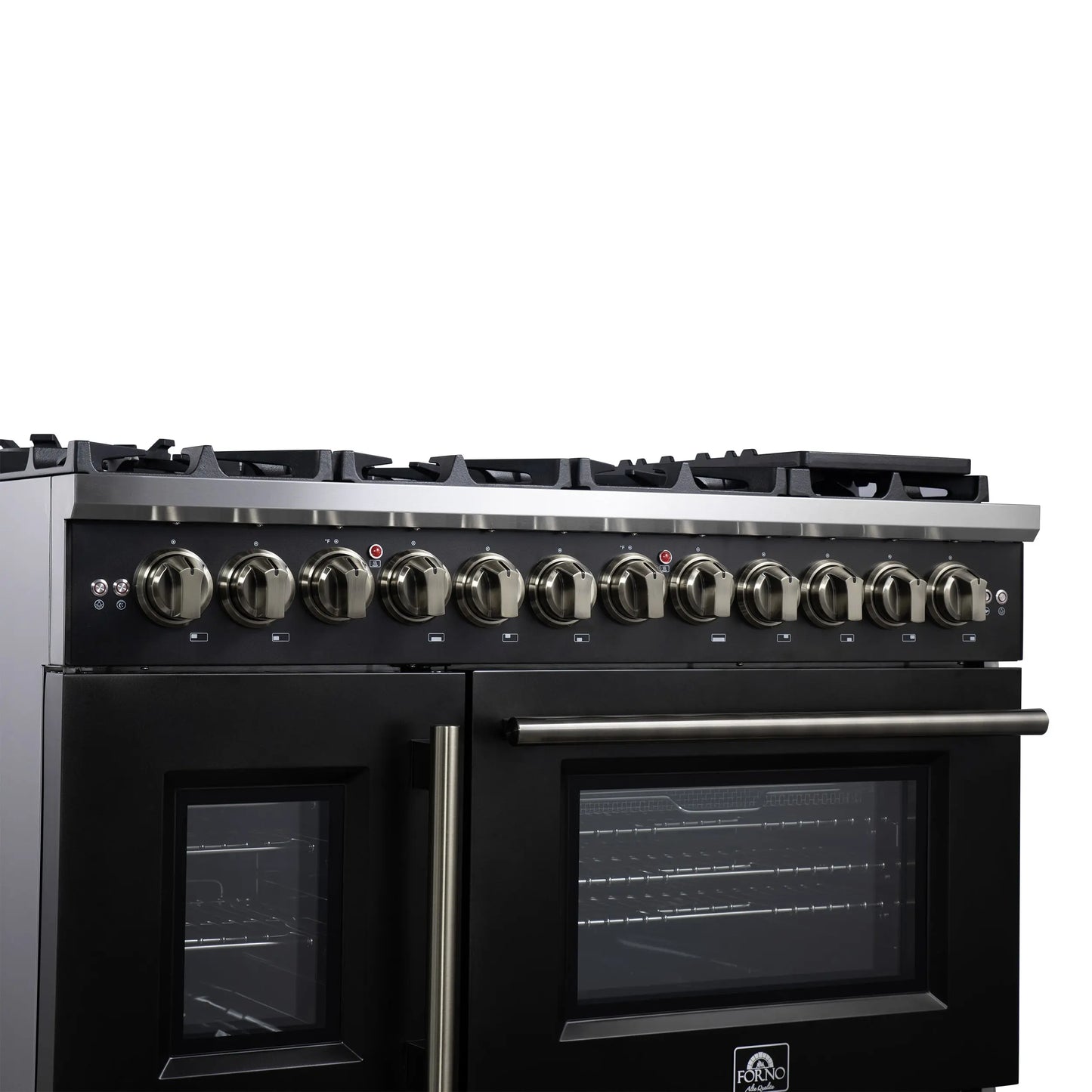 Forno Capriasca 48 Inch Freestanding French Door Dual Fuel Range in Black with Antique Brass Accessories, 8 Burners, True Convection Oven FORNO