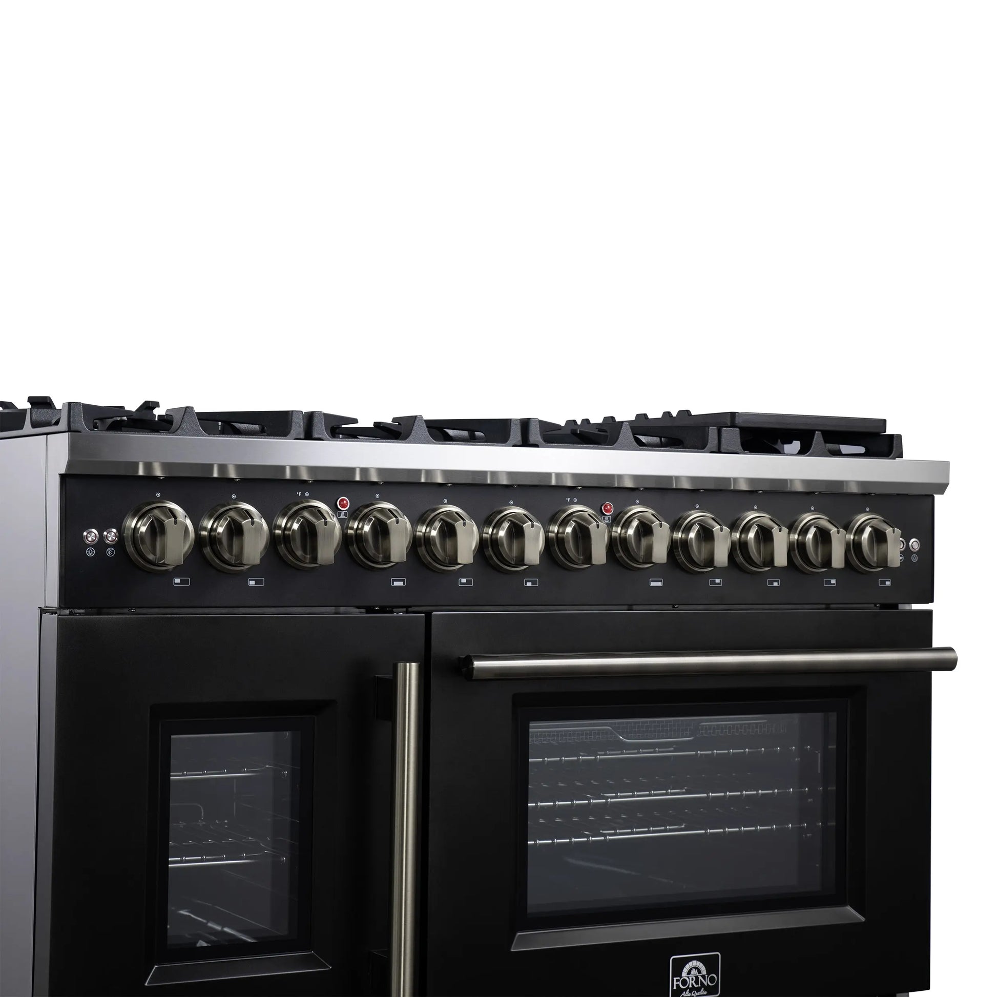 Forno Capriasca 48 Inch Freestanding French Door Dual Fuel Range in Black with Antique Brass Accessories, 8 Burners, True Convection Oven FORNO