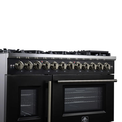 Forno Capriasca 48 Inch Freestanding French Door Dual Fuel Range in Black with Antique Brass Accessories, 8 Burners, True Convection Oven FORNO