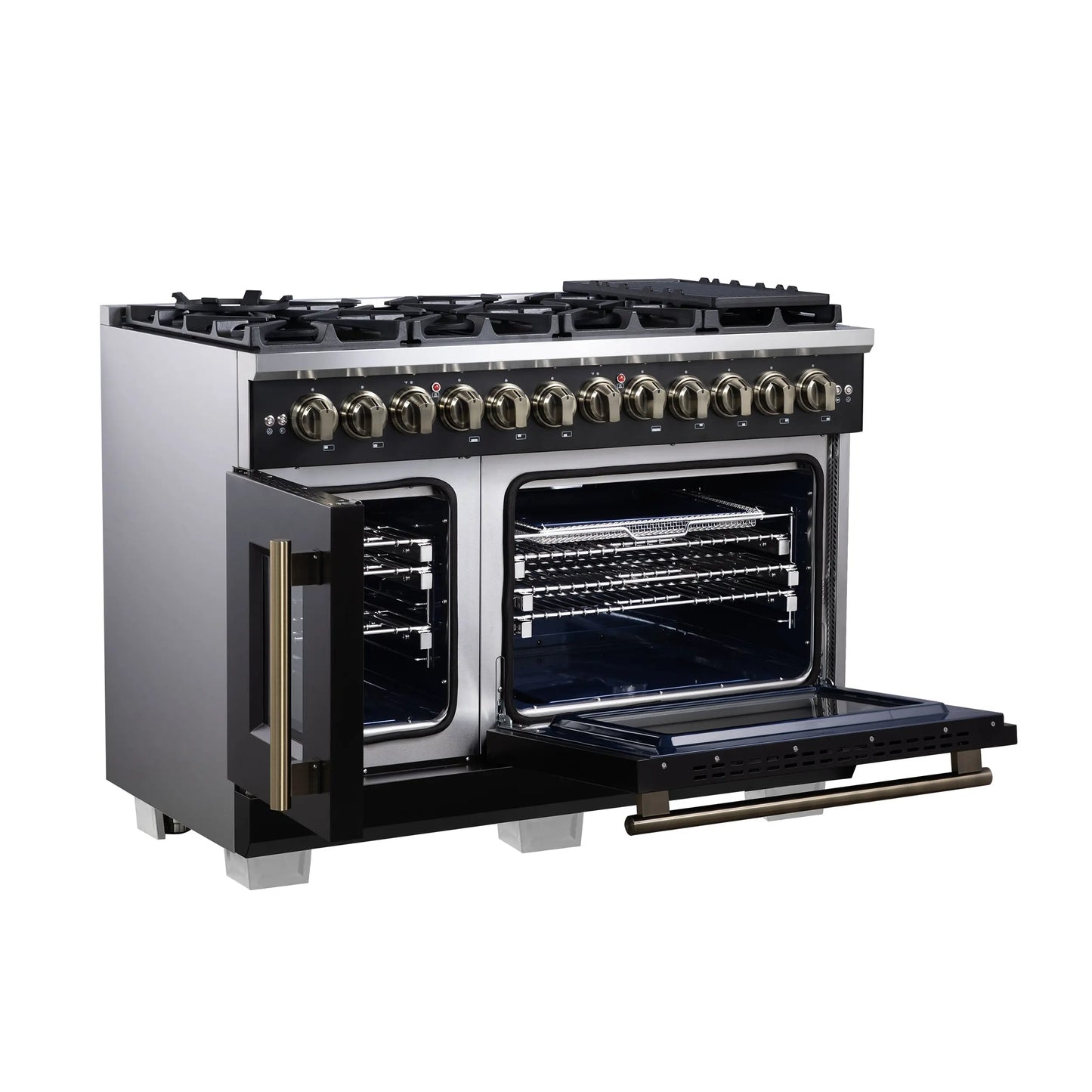 Forno Capriasca 48 Inch Freestanding French Door Dual Fuel Range in Black with Antique Brass Accessories, 8 Burners, True Convection Oven FORNO