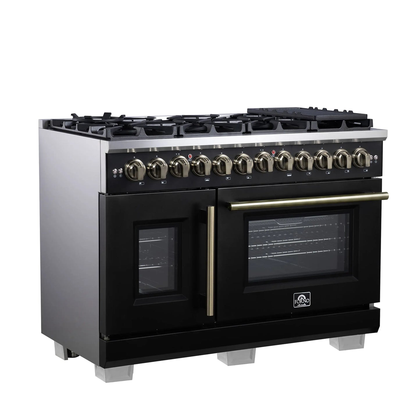 Forno Capriasca 48 Inch Freestanding French Door Dual Fuel Range in Black with Antique Brass Accessories, 8 Burners, True Convection Oven FORNO