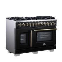 Forno Capriasca 48 Inch Freestanding French Door Dual Fuel Range in Black with Antique Brass Accessories, 8 Burners, True Convection Oven FORNO