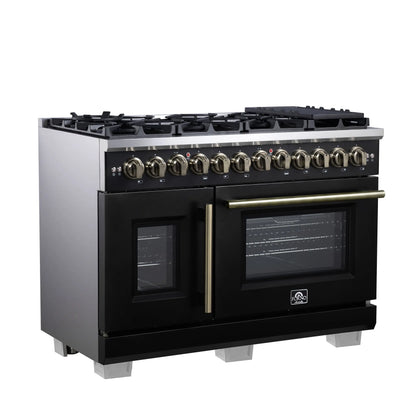 Forno Capriasca 48 Inch Freestanding French Door Dual Fuel Range in Black with Antique Brass Accessories, 8 Burners, True Convection Oven FORNO