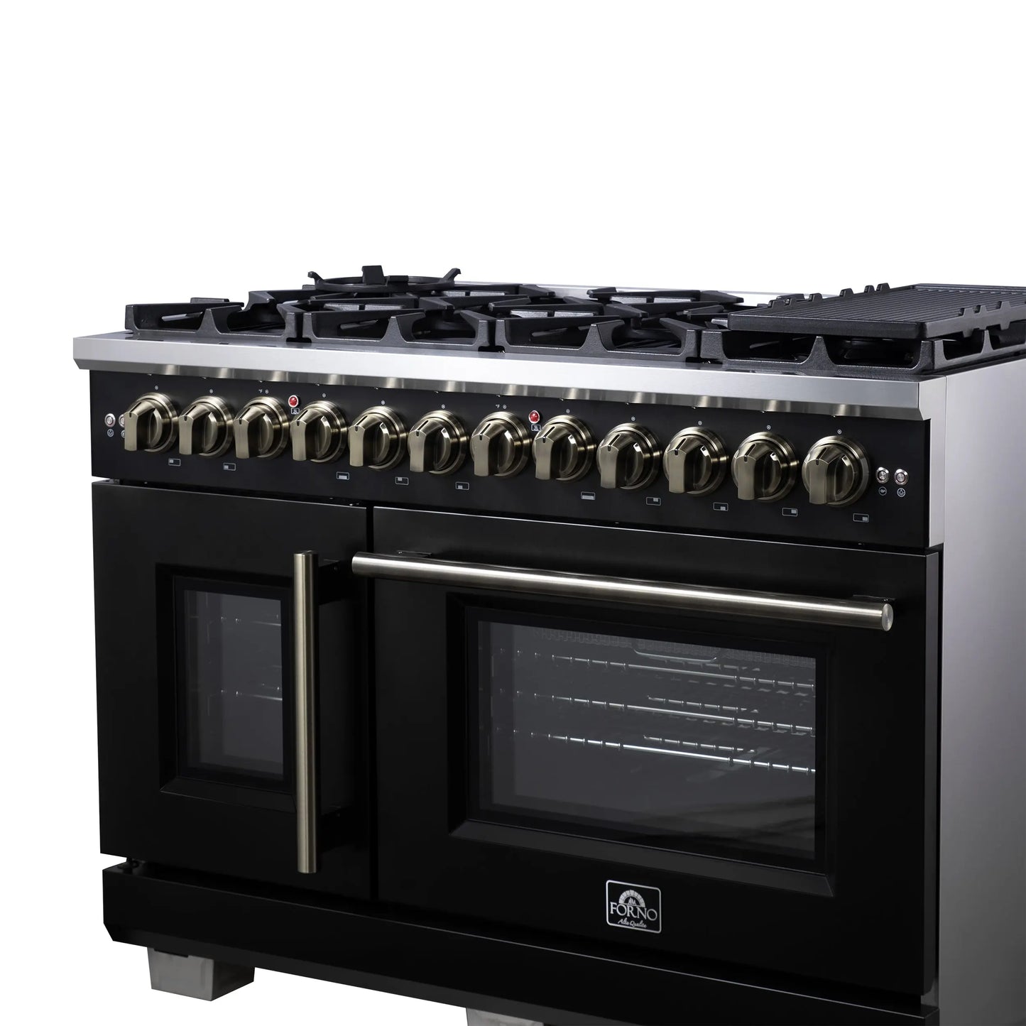 Forno Capriasca 48 Inch Freestanding French Door Dual Fuel Range in Black with Antique Brass Accessories, 8 Burners, True Convection Oven FORNO