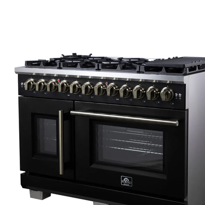 Forno Capriasca 48 Inch Freestanding French Door Dual Fuel Range in Black with Antique Brass Accessories, 8 Burners, True Convection Oven FORNO