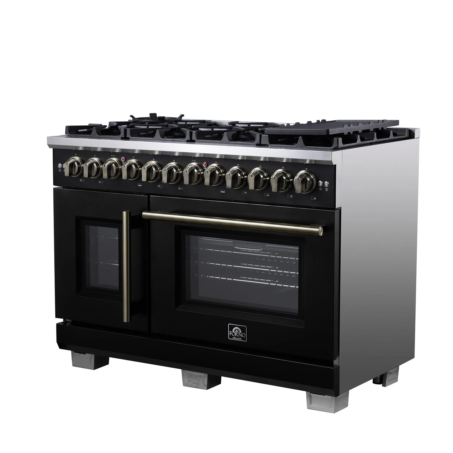 Forno Capriasca 48 Inch Freestanding French Door Dual Fuel Range in Black with Antique Brass Accessories, 8 Burners, True Convection Oven FORNO