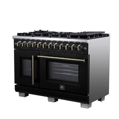 Forno Capriasca 48 Inch Freestanding French Door Dual Fuel Range in Black with Antique Brass Accessories, 8 Burners, True Convection Oven FORNO