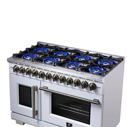 Forno Capriasca 48 Inch Freestanding French Door Dual Fuel Range in White with Antique Brass Accessories, 8 Burners, True Convection Oven FORNO