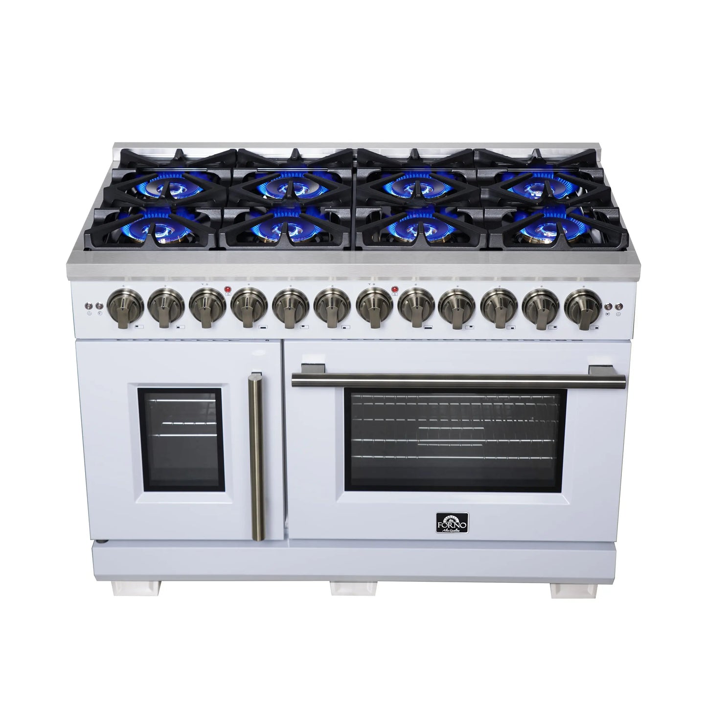 Forno Capriasca 48 Inch Freestanding French Door Dual Fuel Range in White with Antique Brass Accessories, 8 Burners, True Convection Oven FORNO