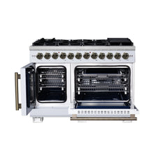 Forno Capriasca 48 Inch Freestanding French Door Dual Fuel Range in White with Antique Brass Accessories, 8 Burners, True Convection Oven FORNO