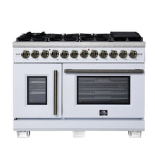 Forno Capriasca 48 Inch Freestanding French Door Dual Fuel Range in White with Antique Brass Accessories, 8 Burners, True Convection Oven FORNO