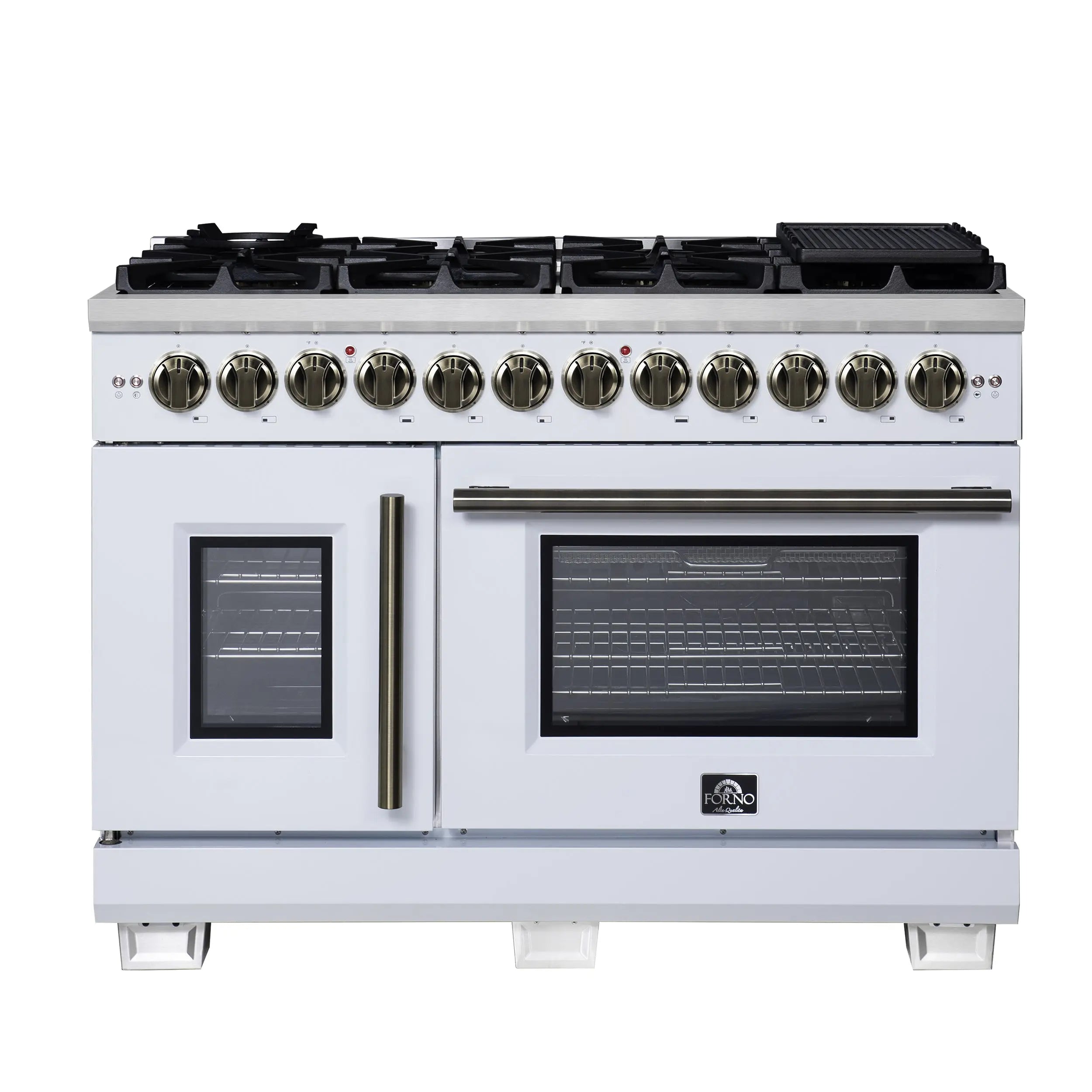 Forno Capriasca 48 Inch Freestanding French Door Dual Fuel Range in White with Antique Brass Accessories, 8 Burners, True Convection Oven FORNO