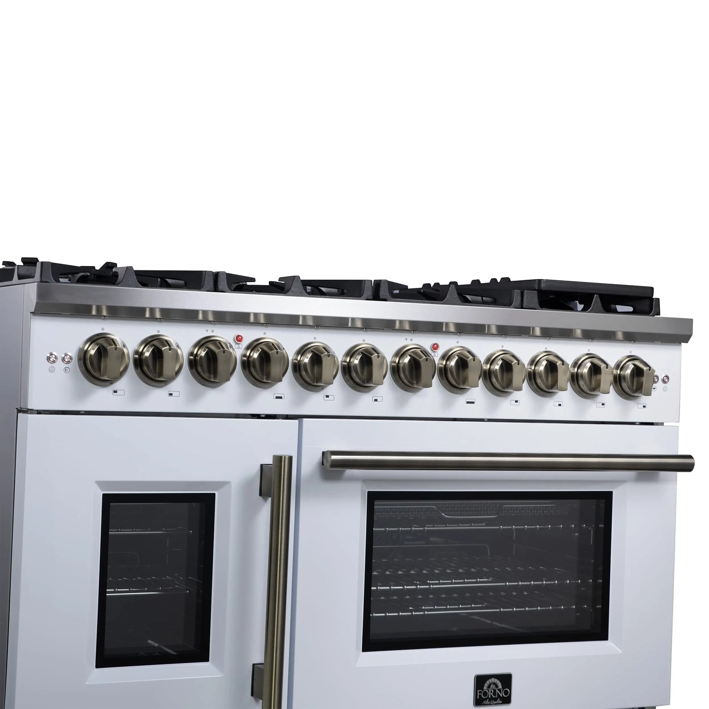 Forno Capriasca 48 Inch Freestanding French Door Dual Fuel Range in White with Antique Brass Accessories, 8 Burners, True Convection Oven FORNO