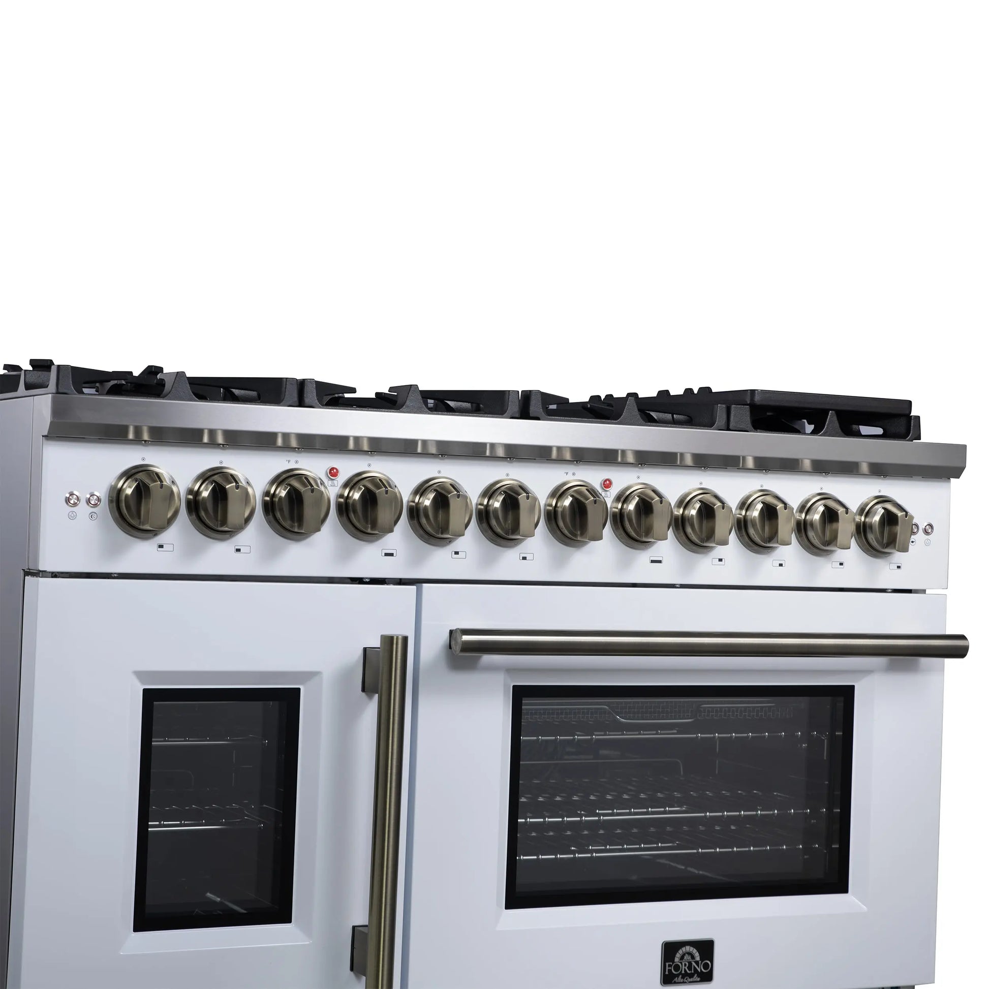 Forno Capriasca 48 Inch Freestanding French Door Dual Fuel Range in White with Antique Brass Accessories, 8 Burners, True Convection Oven FORNO
