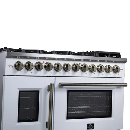 Forno Capriasca 48 Inch Freestanding French Door Dual Fuel Range in White with Antique Brass Accessories, 8 Burners, True Convection Oven FORNO