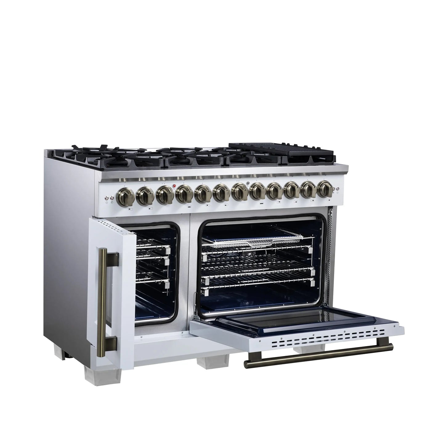 Forno Capriasca 48 Inch Freestanding French Door Dual Fuel Range in White with Antique Brass Accessories, 8 Burners, True Convection Oven FORNO