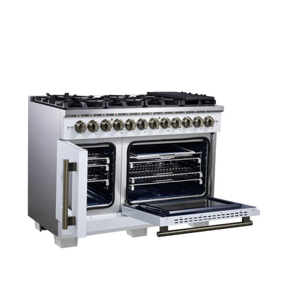 Forno Capriasca 48 Inch Freestanding French Door Dual Fuel Range in White with Antique Brass Accessories, 8 Burners, True Convection Oven FORNO
