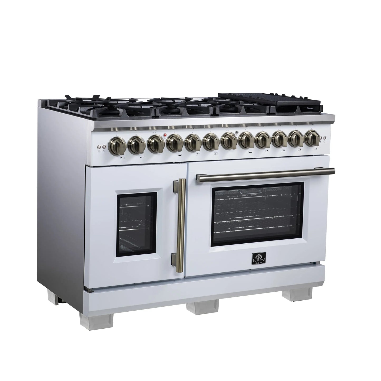 Forno Capriasca 48 Inch Freestanding French Door Dual Fuel Range in White with Antique Brass Accessories, 8 Burners, True Convection Oven FORNO