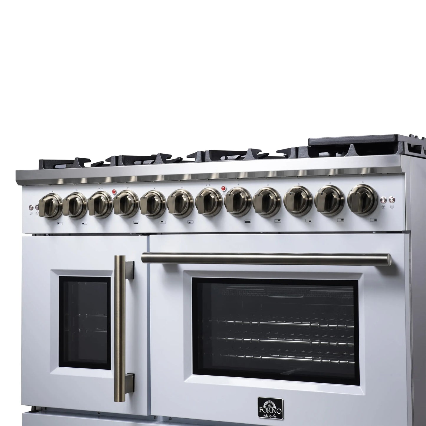 Forno Capriasca 48 Inch Freestanding French Door Dual Fuel Range in White with Antique Brass Accessories, 8 Burners, True Convection Oven FORNO