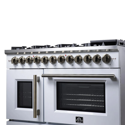 Forno Capriasca 48 Inch Freestanding French Door Dual Fuel Range in White with Antique Brass Accessories, 8 Burners, True Convection Oven FORNO