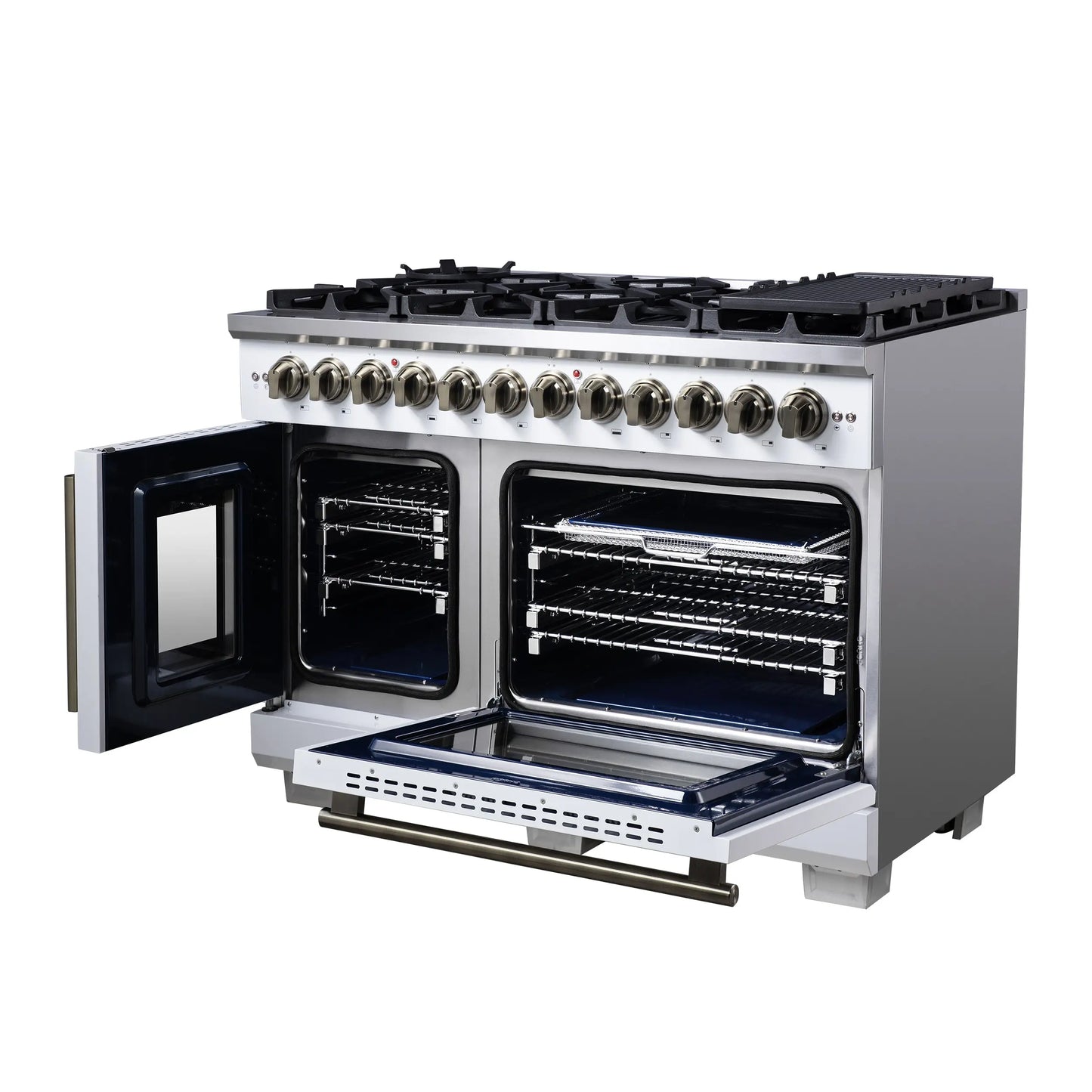 Forno Capriasca 48 Inch Freestanding French Door Dual Fuel Range in White with Antique Brass Accessories, 8 Burners, True Convection Oven FORNO