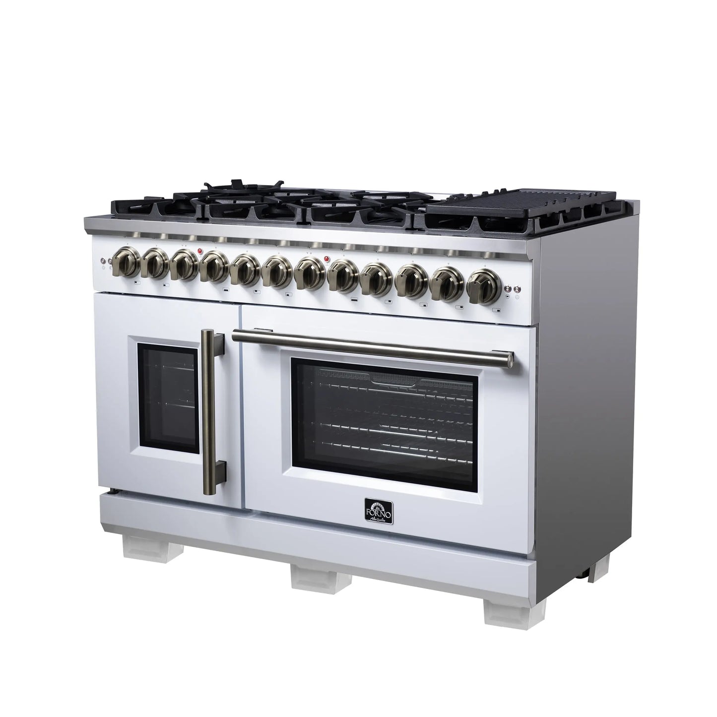 Forno Capriasca 48 Inch Freestanding French Door Dual Fuel Range in White with Antique Brass Accessories, 8 Burners, True Convection Oven FORNO
